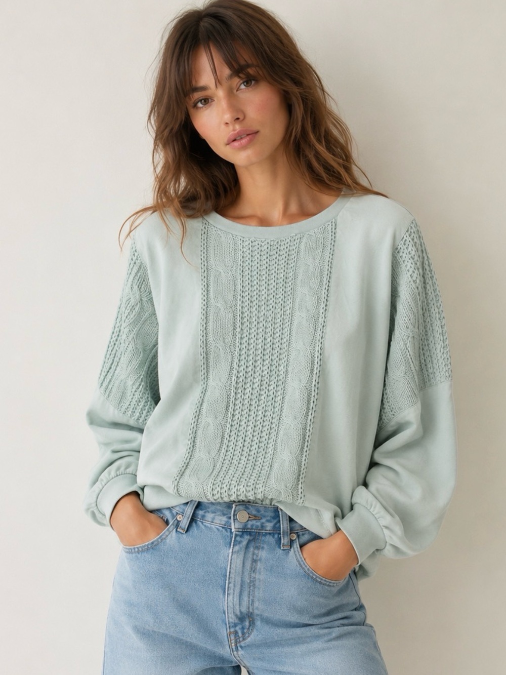 Vintage Esprit 100% Cotton Cable Knit Sweater Mint Green Oversized Small